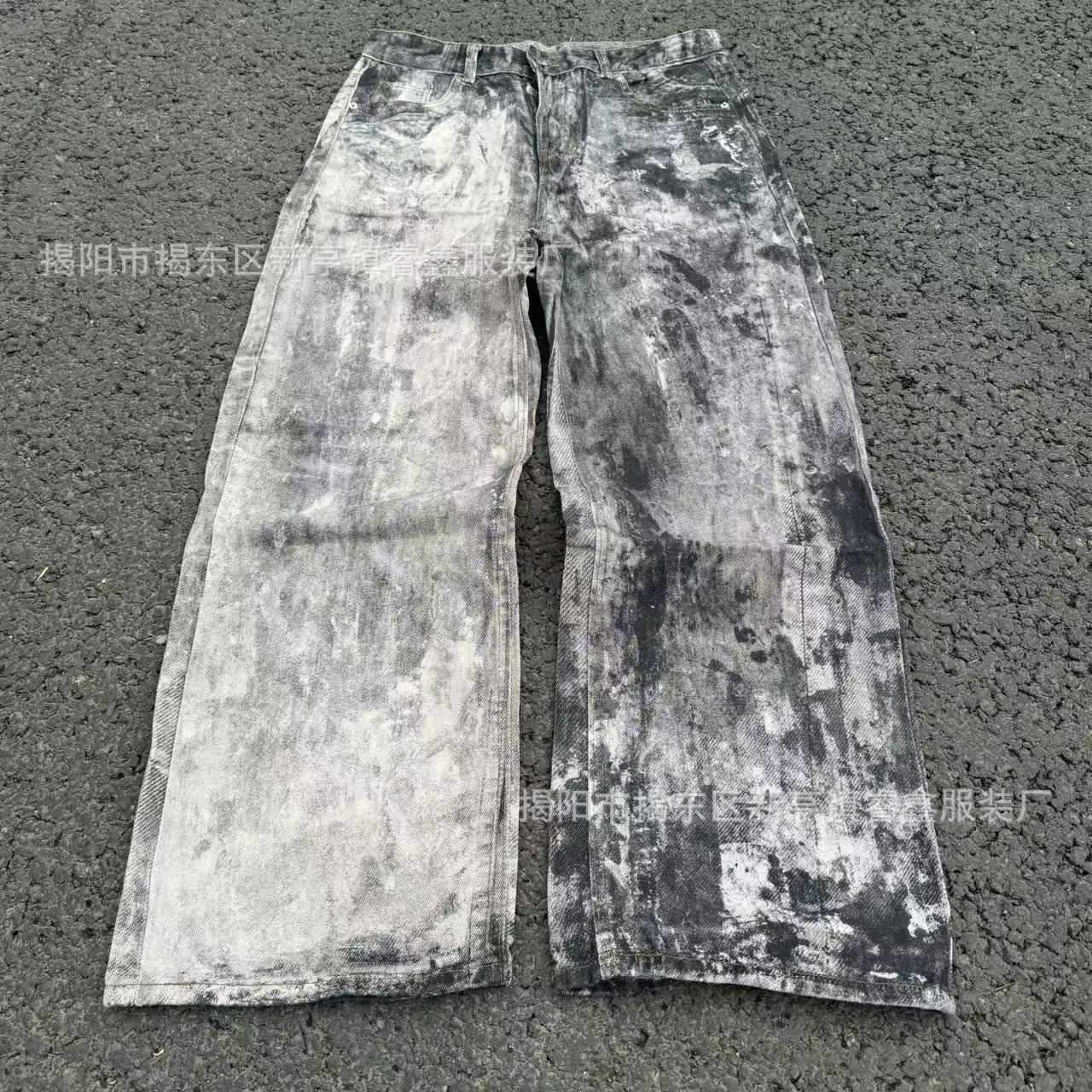 美式复古3D数码印泼墨做旧牛仔裤男女高街cleanfit宽松直筒休闲裤