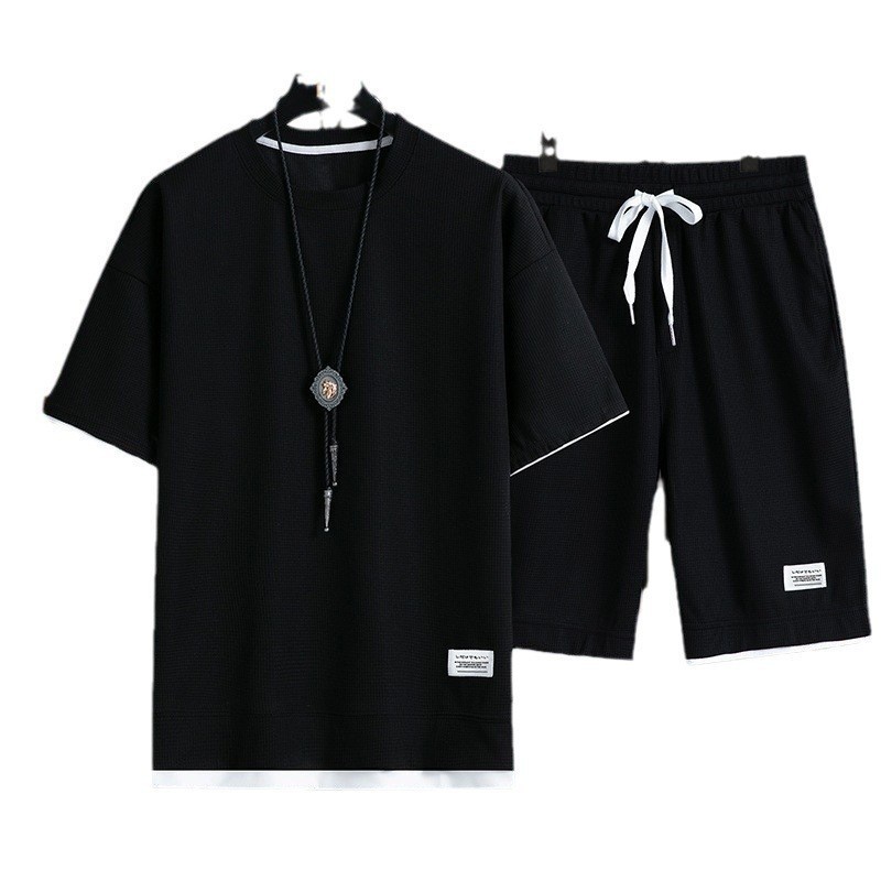 跨境亚马逊夏季华夫格短袖T恤男士休闲运动套装宽松透气短裤套装