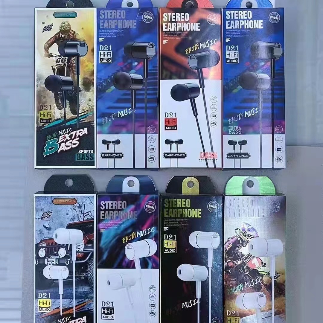 D21跨境重低音入耳式手机有线耳机 线控直插带麦新款潮流游戏耳机